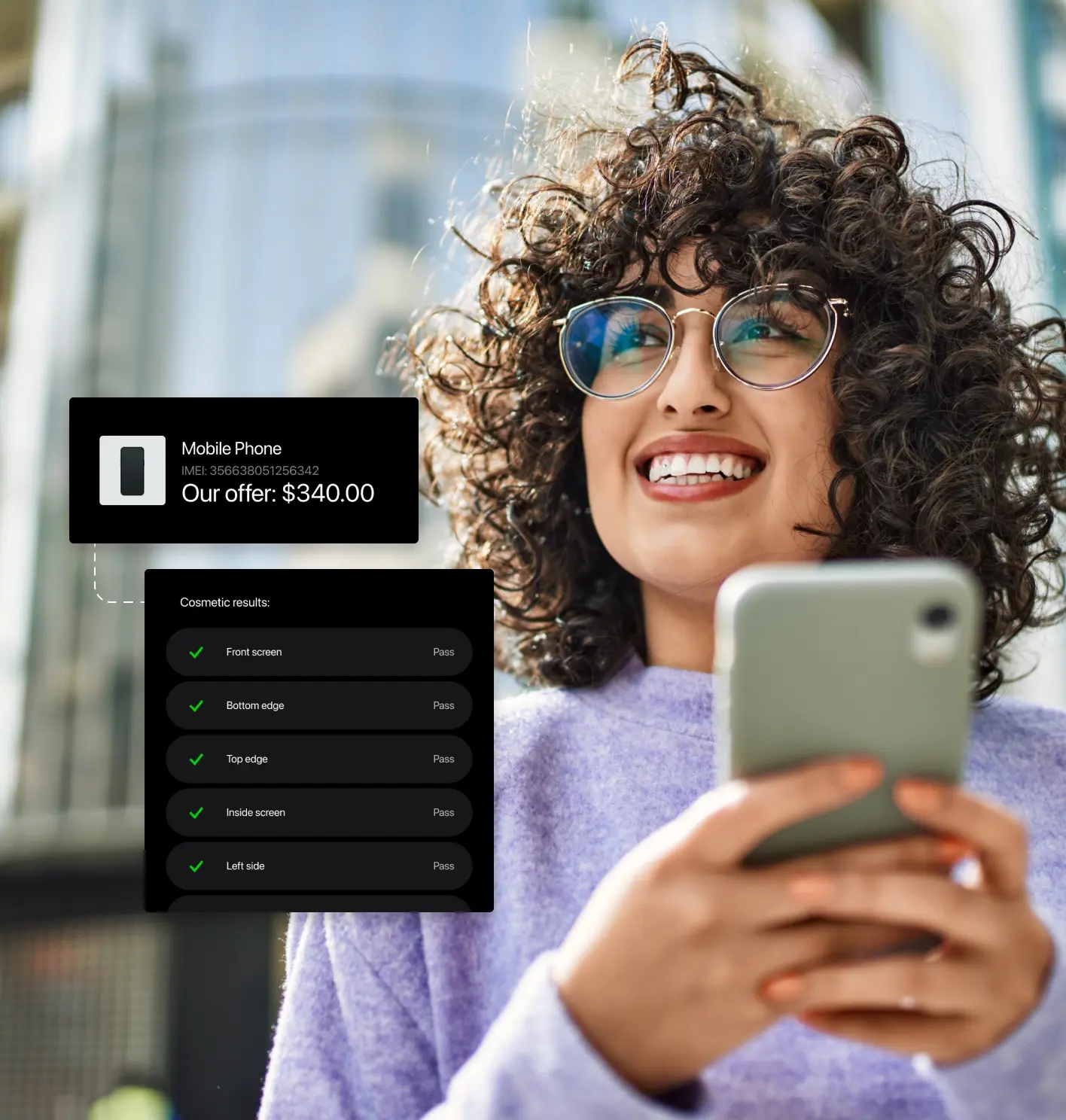 Smiling woman with curly hair and glasses holding a smartphone with overlay showing a $340 trade-in offer and cosmetic screen check results all marked as pass.