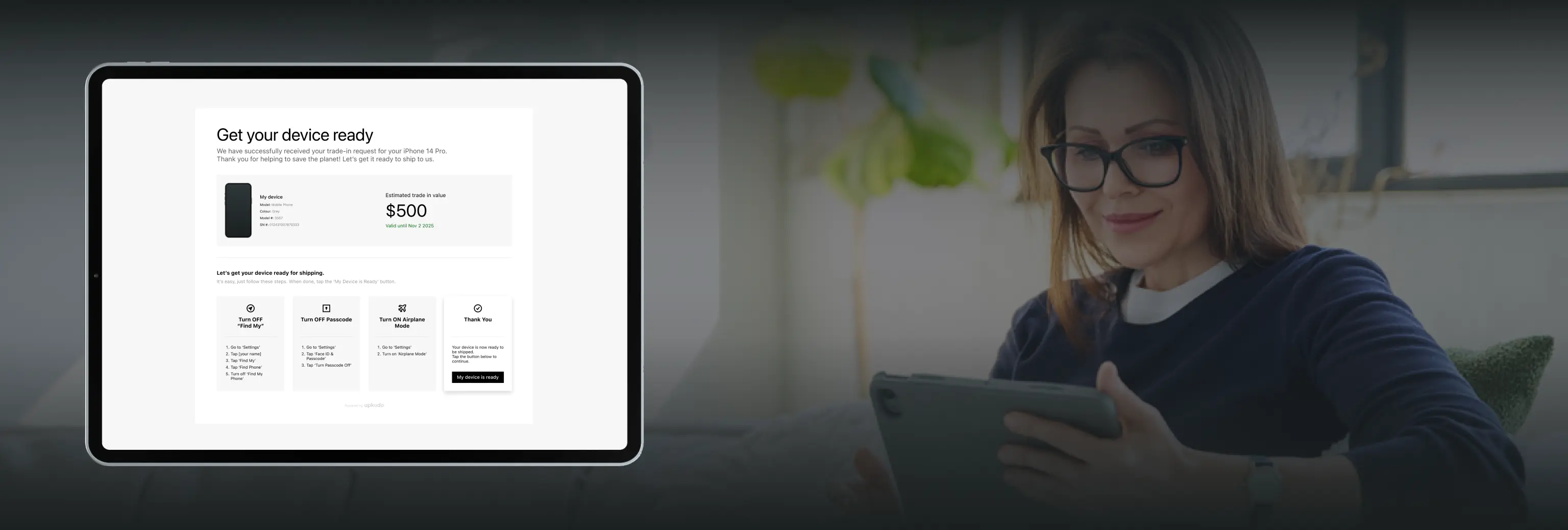 Tablet screen displaying device trade-in instructions for an iPhone 14 Pro with estimated trade-in value of $500, next to a woman smiling while holding a tablet.