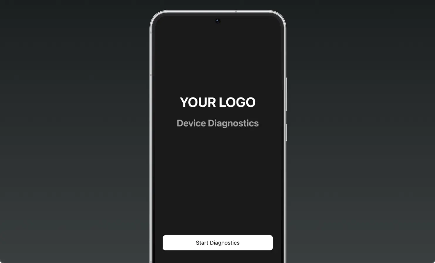 Smartphone screen with 'YOUR LOGO' and 'Device Diagnostics' text above a white 'Start Diagnostics' button on a dark background.