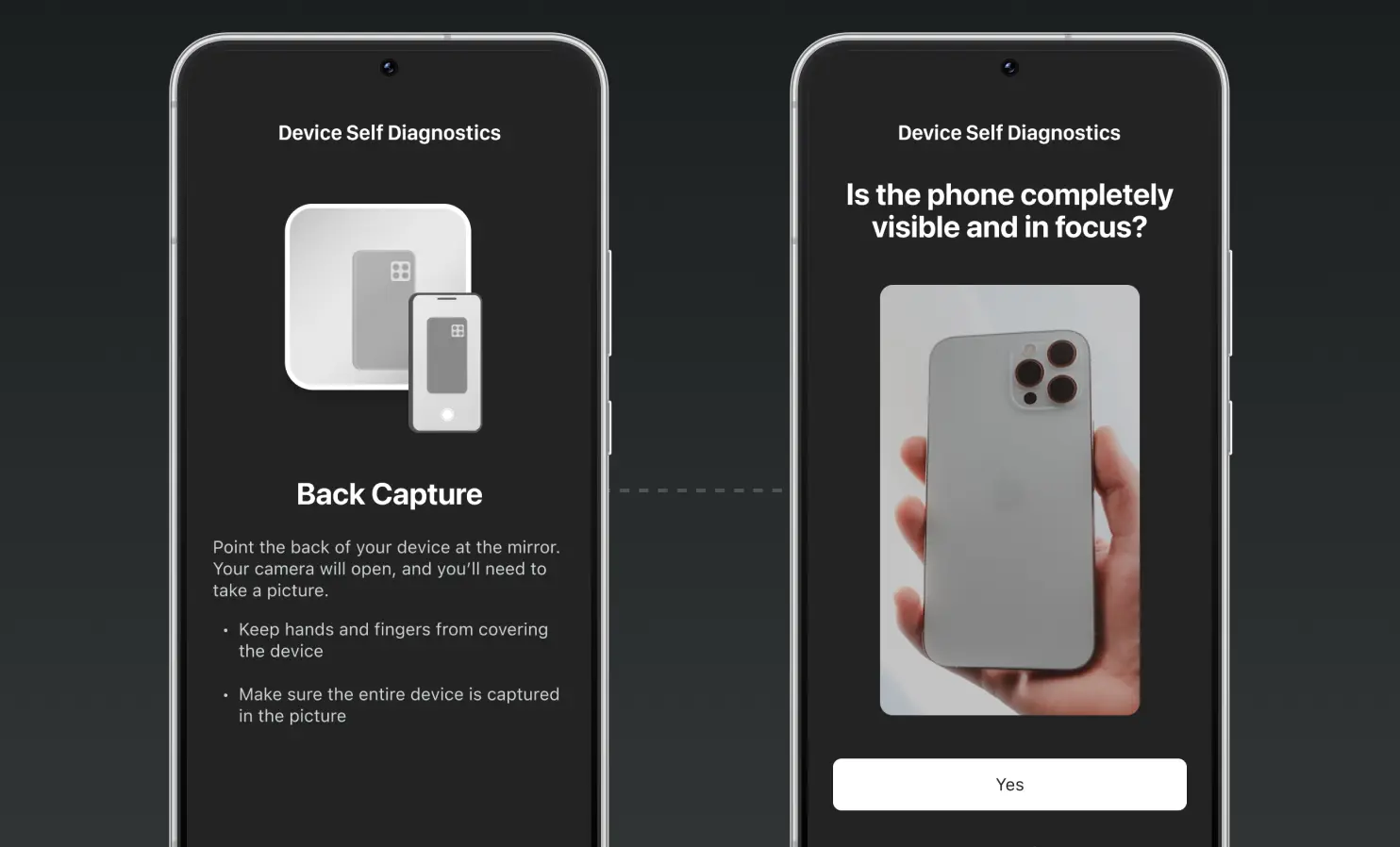 Two phone screens showing device self diagnostics for back capture, instructing to point device at mirror and ensure entire device is visible and in focus with a photo example.