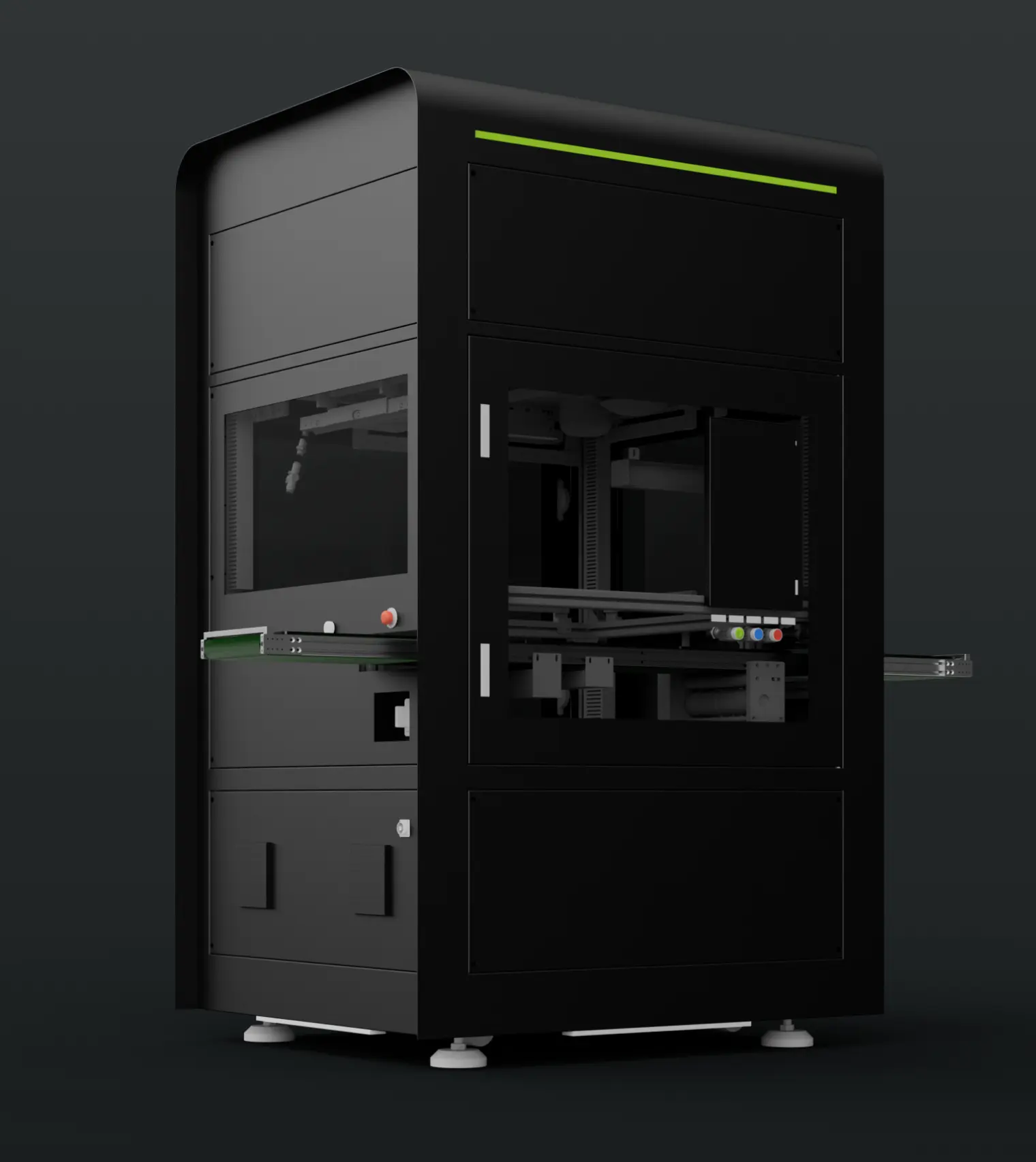 Black industrial machine with transparent panels and extendable conveyor belts on both sides.