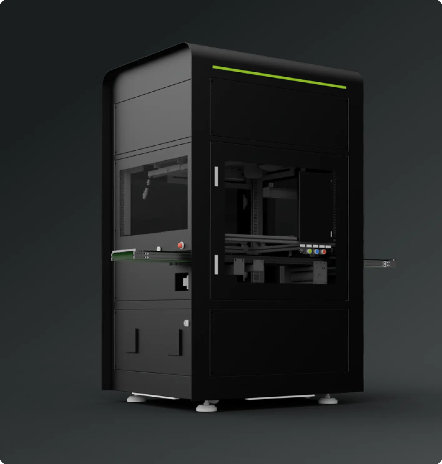 Black industrial-grade machine with glass panels and extendable trays on both sides against a dark background.