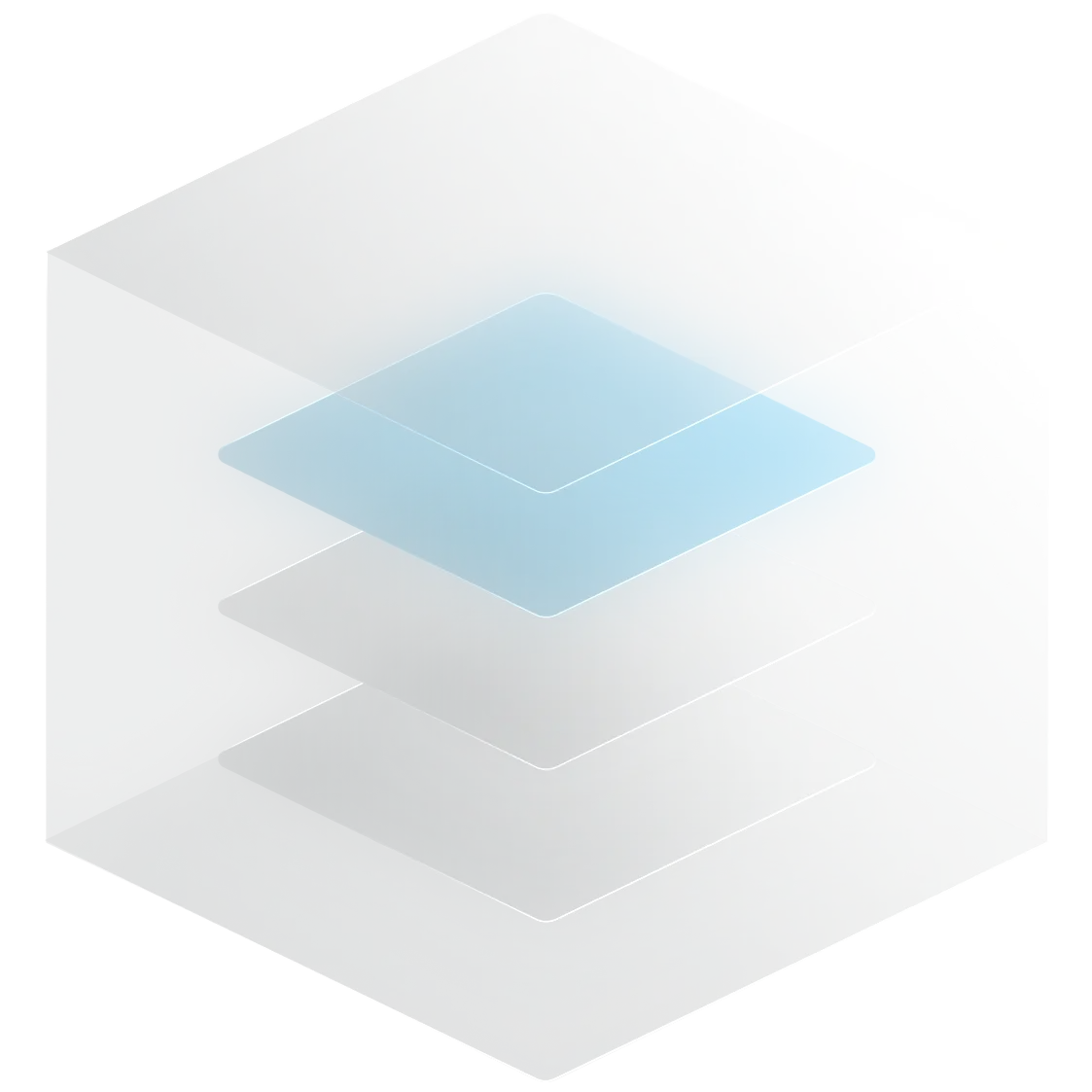 Isometric illustration of a translucent cube containing three stacked, transparent layers with the top layer shaded blue.