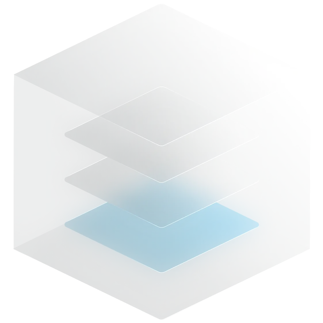 Transparent cube with three translucent, stacked layers inside, the bottom layer is blue and the others are white.
