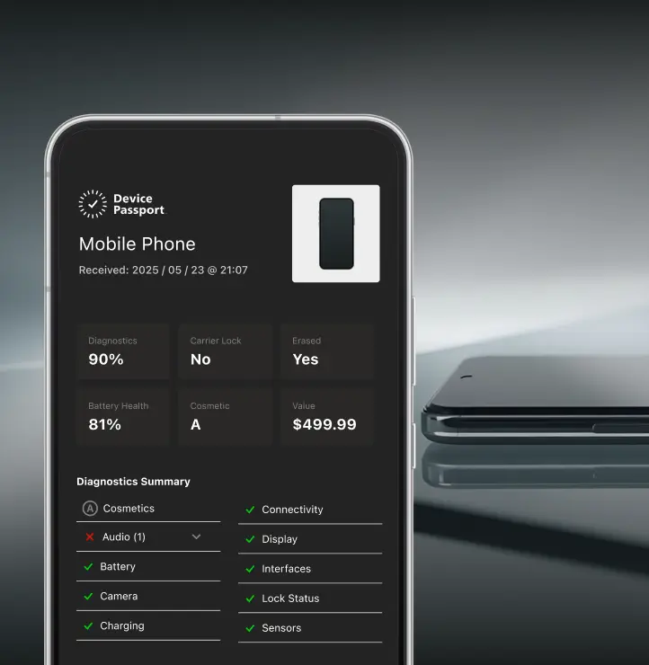 Mobile phone diagnostic report showing battery, carrier lock, cosmetic grade, and $499.99 value on screen.