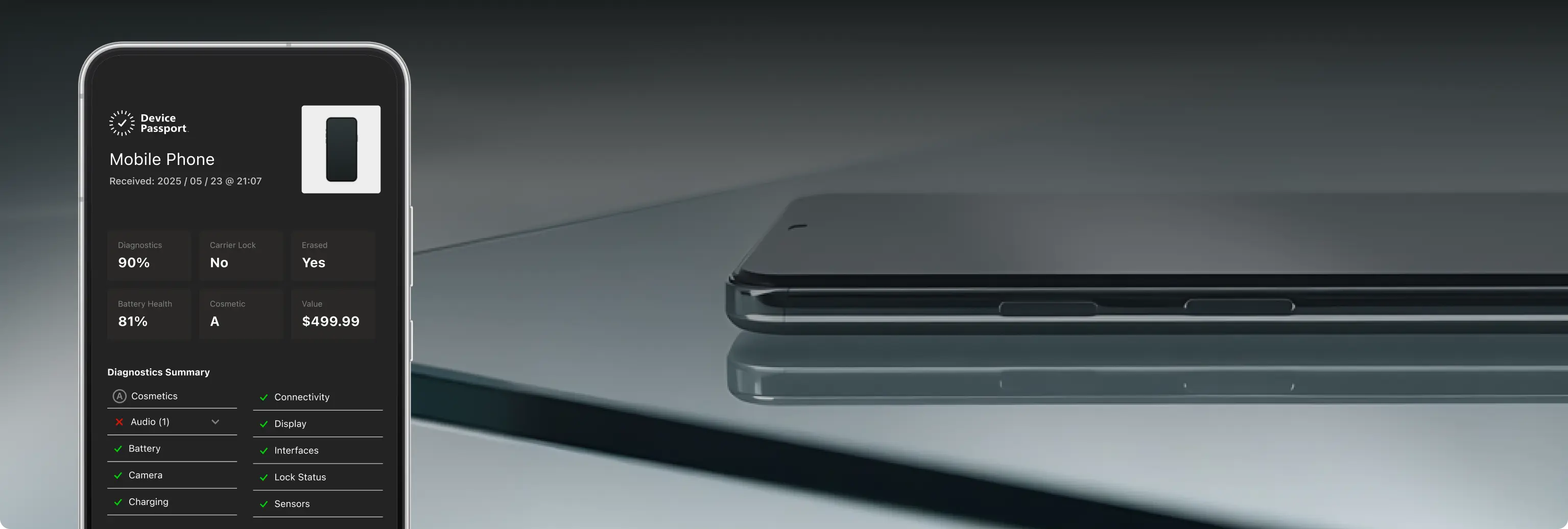 Smartphone displaying Device Passport app diagnostics and value next to a reflected closed phone.