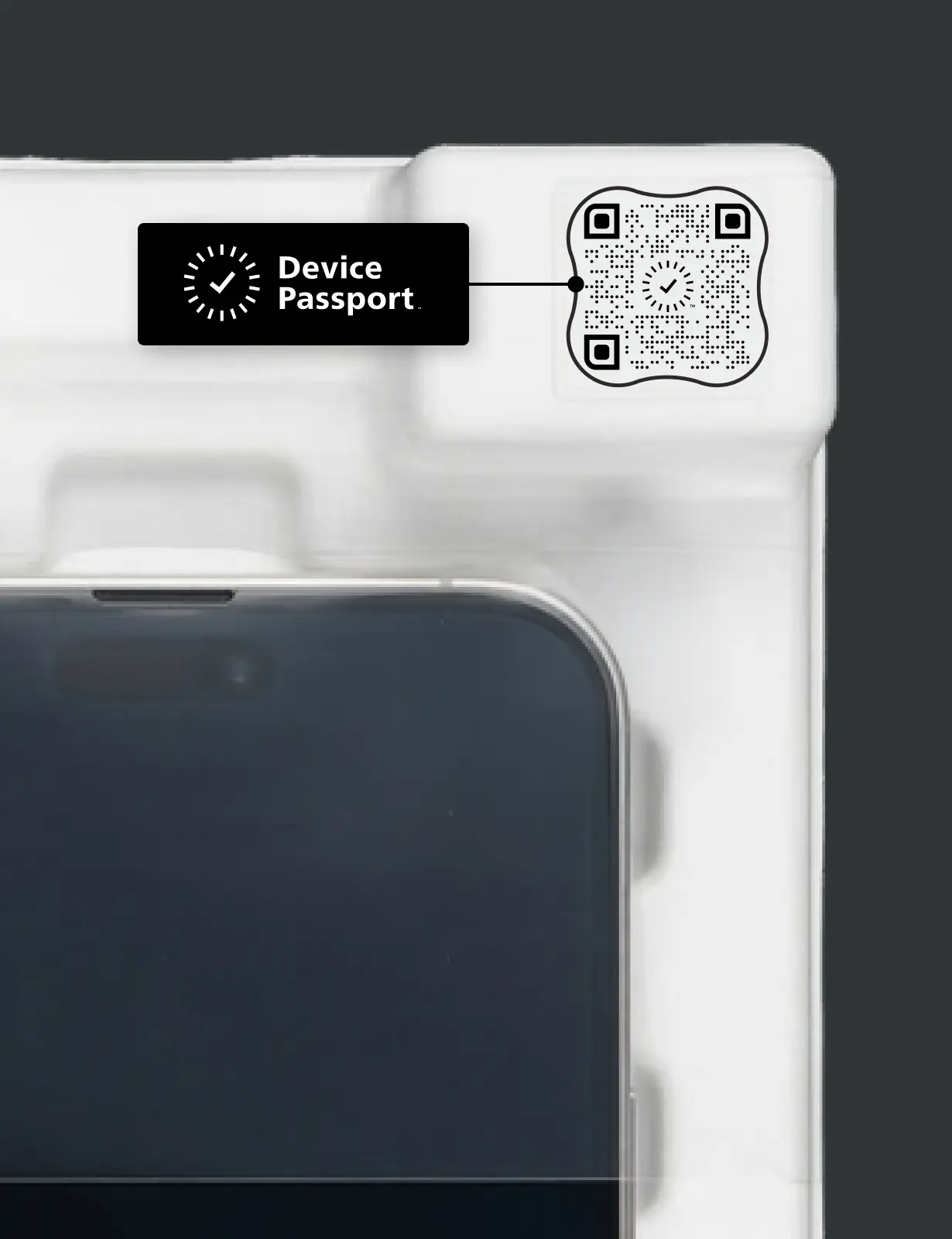 Smartphone in packaging featuring a QR code labeled Device Passport in top right corner.