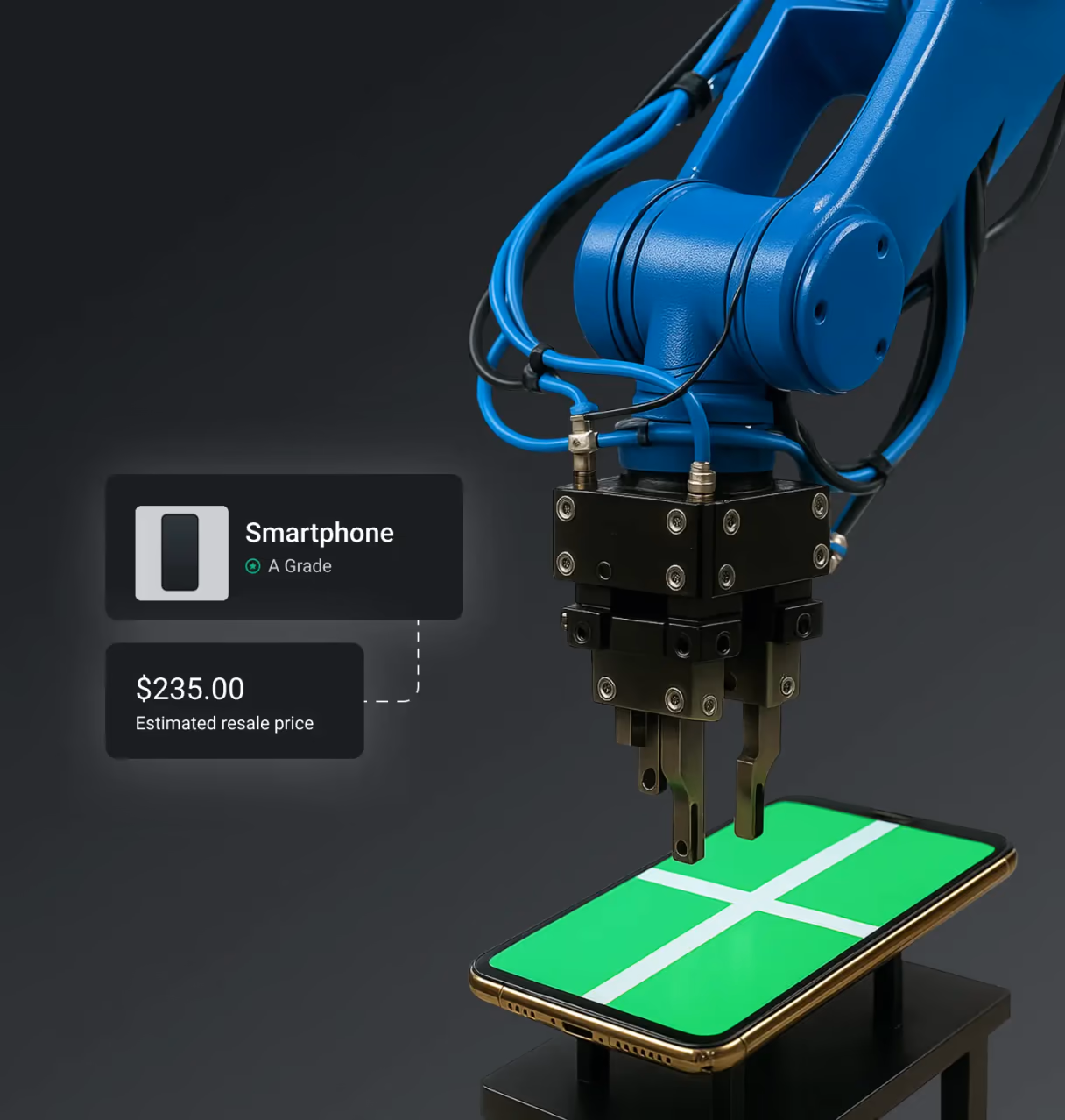 Robotic arm grading a smartphone marked A grade with an estimated resale price of 235 dollars