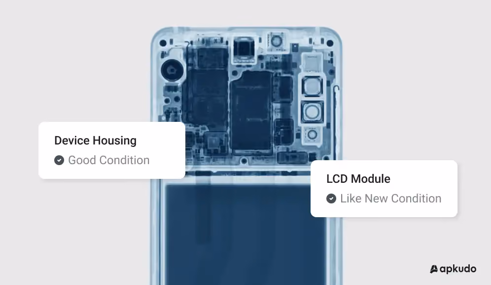 Interior x-ray of a smartphone with device housing marked as good condition and LCD module marked as like new condition