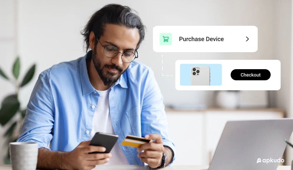 Man holding bank card and looking on phone with a UI element prompting him to purchase his device