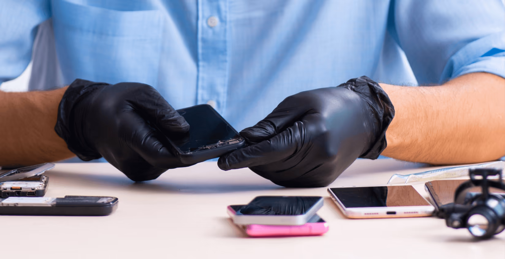 Technician in gloves inspecting smartphones at a workbench
