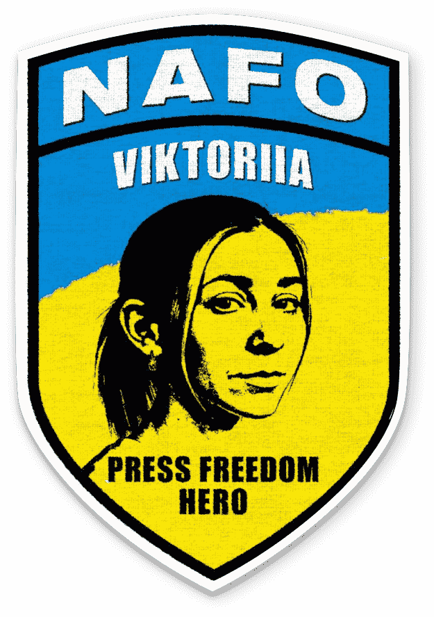 NAFO Patch with blue and yellow background featuring a woman's black and yellow portrait, with text 'NAFO Viktoriia Press Freedom Hero'.