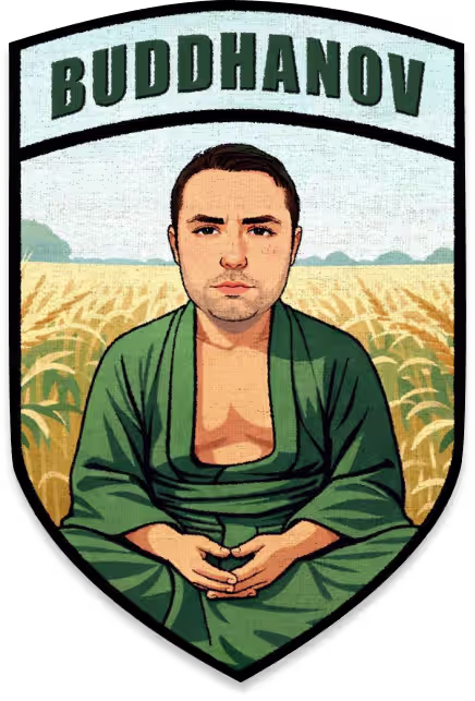 Illustration of a man in green robes sitting cross-legged in a wheat field with the text 'BUDDHANOV' above. 69 sniffing brigade NAFO monthly patch for january 2026