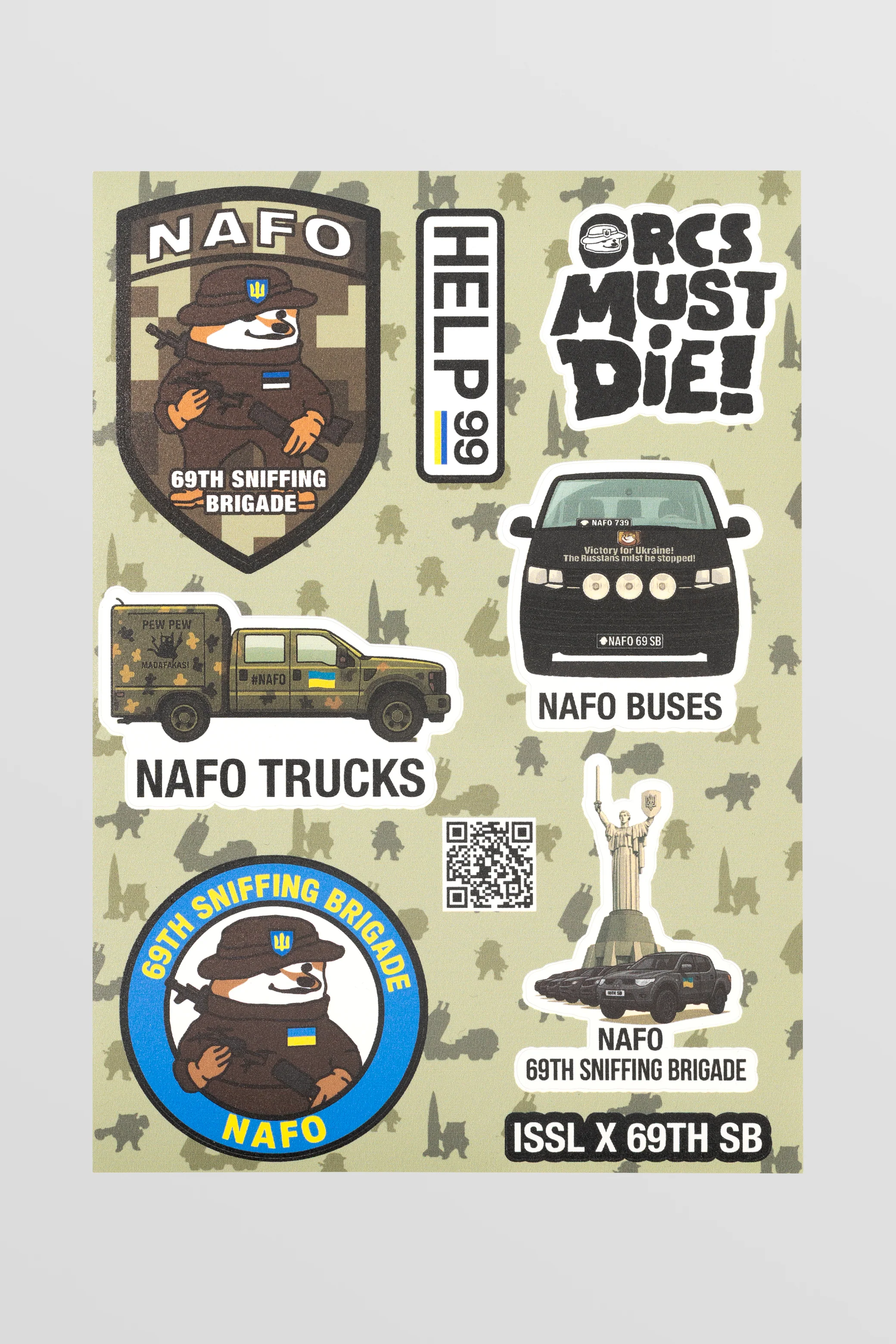 This 69th SB Sticker Pack sticker sheet features a curated set of graphics connected to the NAFO communityt, Fellas and the 69th Sniffing Brigade. The designs include unit insignia, vehicles, slogans and symbols that translate online support into physical presence.

Printed using UV printing technology, the stickers are weatherproof and waterproof, designed to withstand outdoor use on laptops, cases, vehicles, gear, or everyday objects. The matte finish reduces glare and gives the graphics a restrained, utilitarian look rather than a glossy decorative feel.

