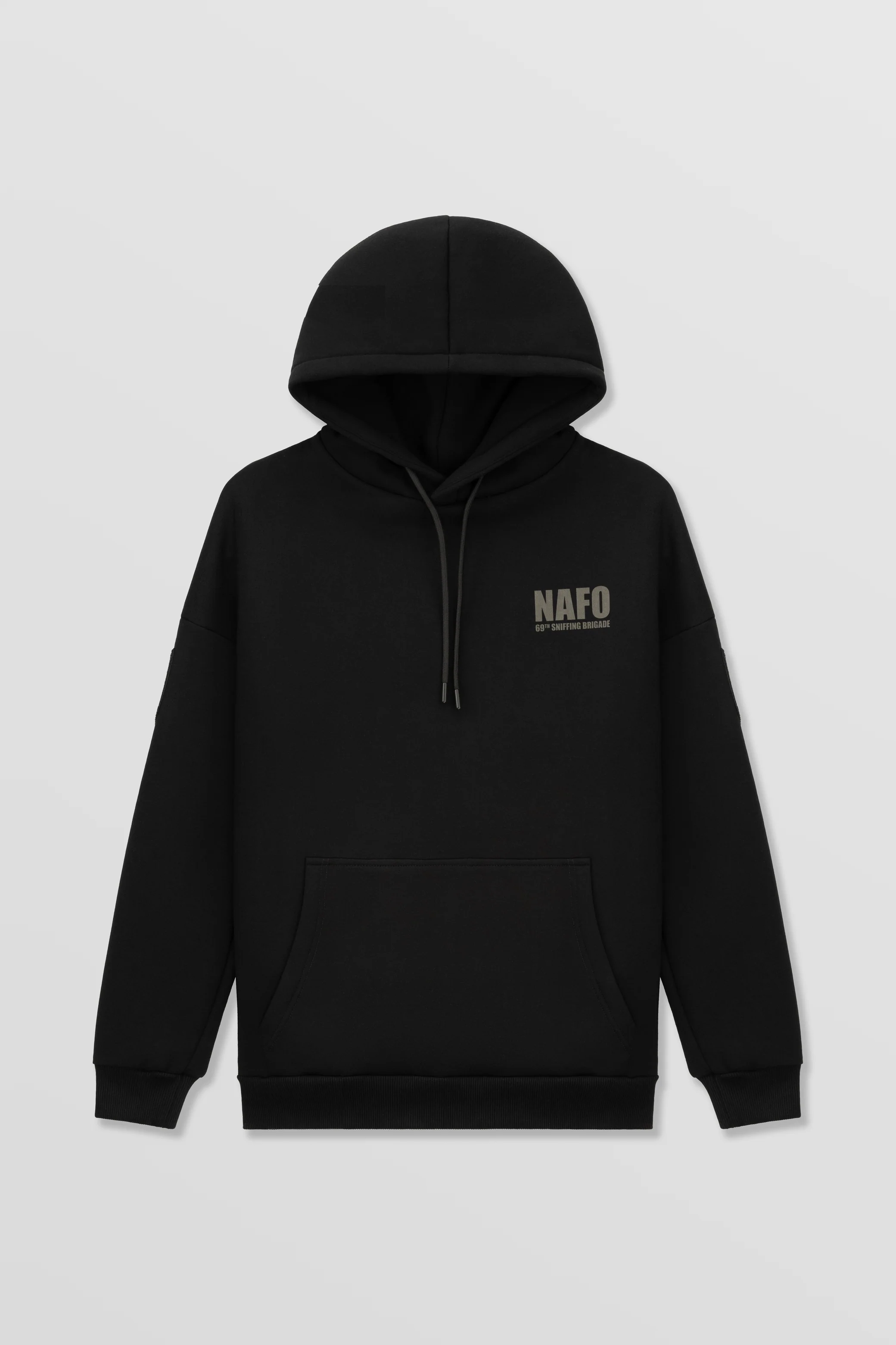 Black relaxed-fit hoodie with silkscreen prints on chest and back. Double-layer hood, velcro on both sleeves, classic pocket, signature ISSL gabardine labels.