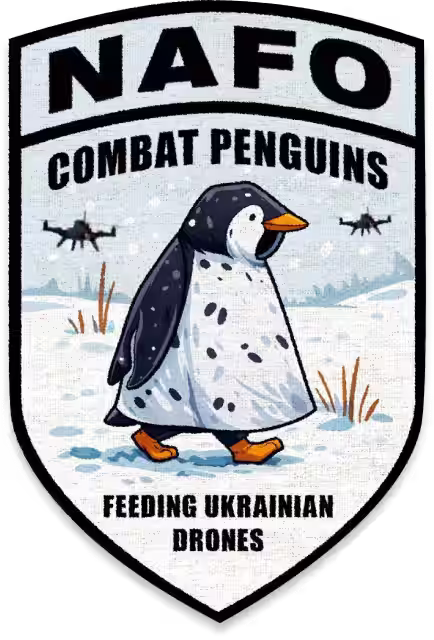 February patch for recurring donors. NAFO patch with a cartoon penguin walking on snow, two drones flying in the background, and text reading 'NAFO Combat Penguins Feeding Ukrainian Drones'. 