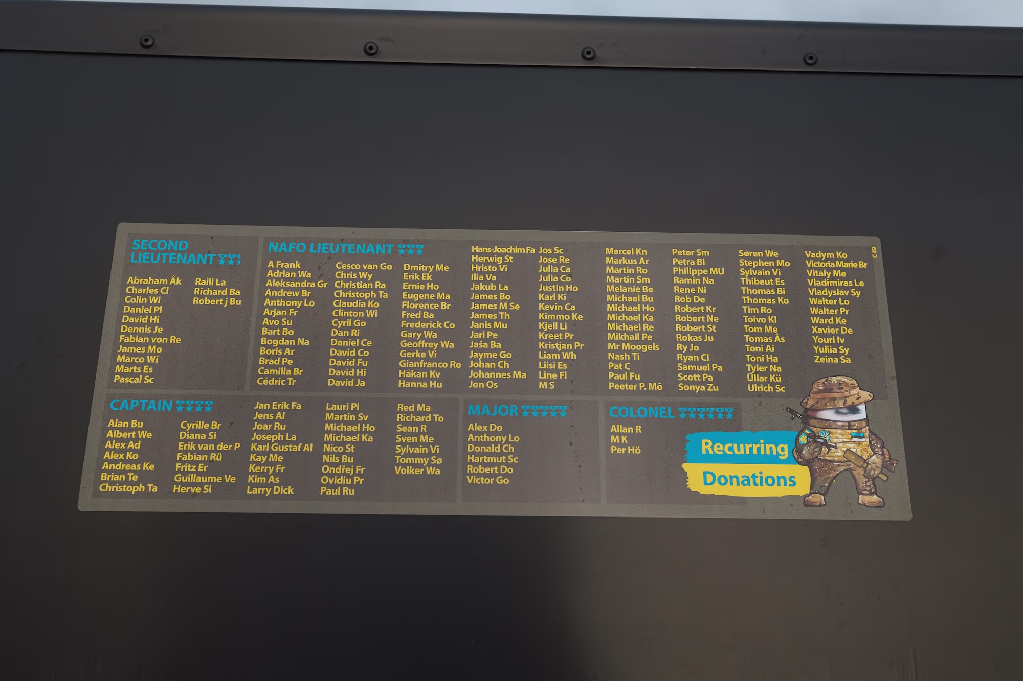 Black NAFO Truck covered in raindrops, displaying a large list of the names of the recurring donors names of ranks Second Lieutenant, NAFO Lieutenant Captain, Major and Colonel