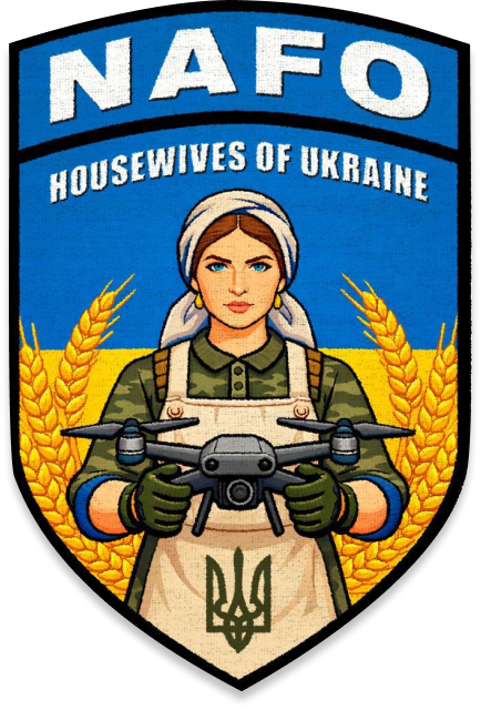Patch with a Ukrainian woman in military camouflage and headscarf holding a drone, wheat stalks in background, text 'NAFO Housewives of Ukraine.'