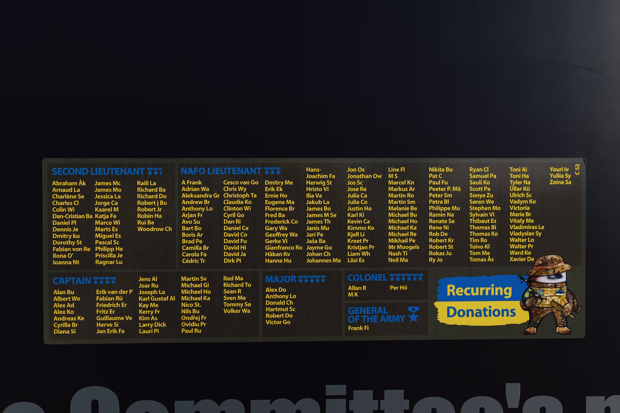 Black NAFO Truck covered in raindrops, displaying a large list of the names of the recurring donors names of ranks Second Lieutenant, NAFO Lieutenant Captain, Major and Colonel