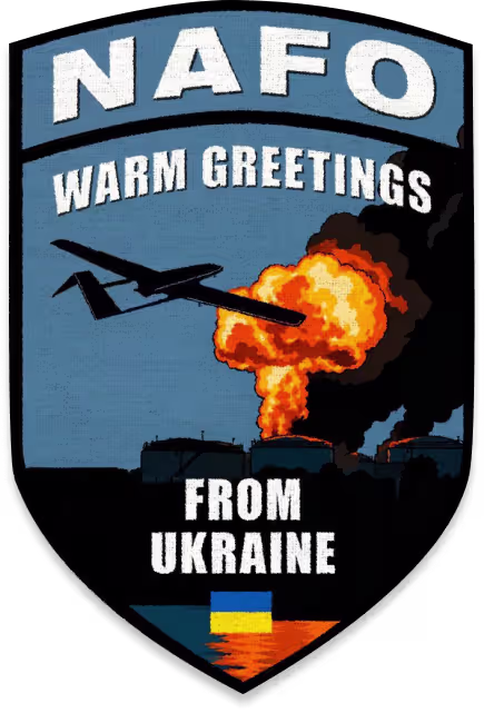 Patch with drone flying over burning oil tanks, text reads NAFO warm greetings from Ukraine with UA flag.