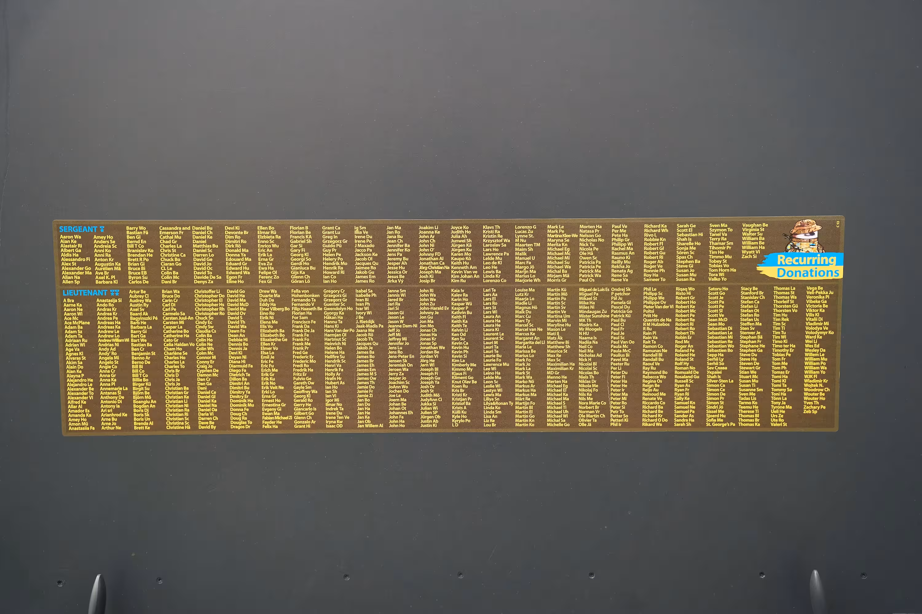 NAFO Truck, displaying a large list of the names of the recurring donor names of the 69th Sniffing Brigade of ranks Lieutenant and Sargent