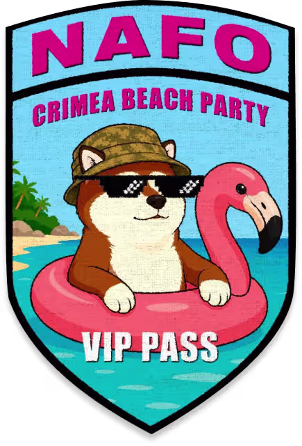 NAFO July patch showing a dog in sunglasses and bucket hat on a flamingo float with text NAFO Crimea Beach Party VIP Pass.