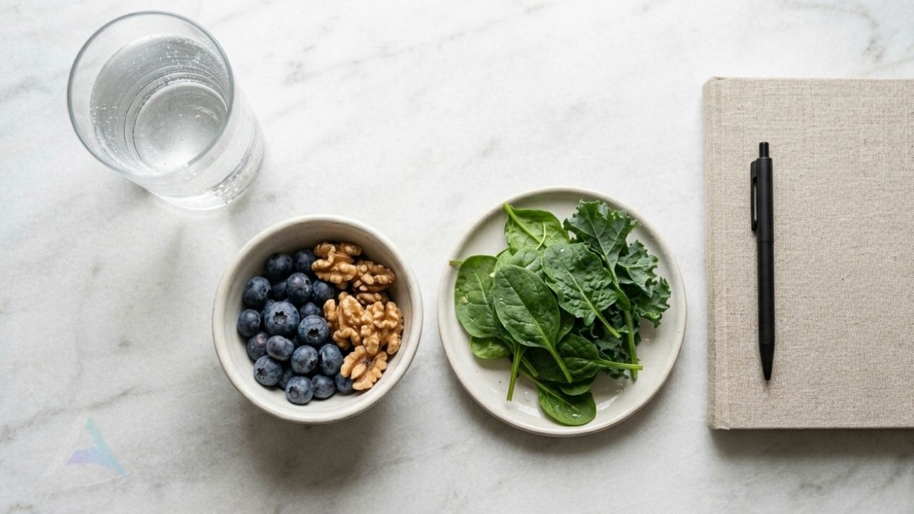 Flat lay of water, anti-inflammatory foods, and journal representing natural lifestyle support for migraine relief and nervous system health