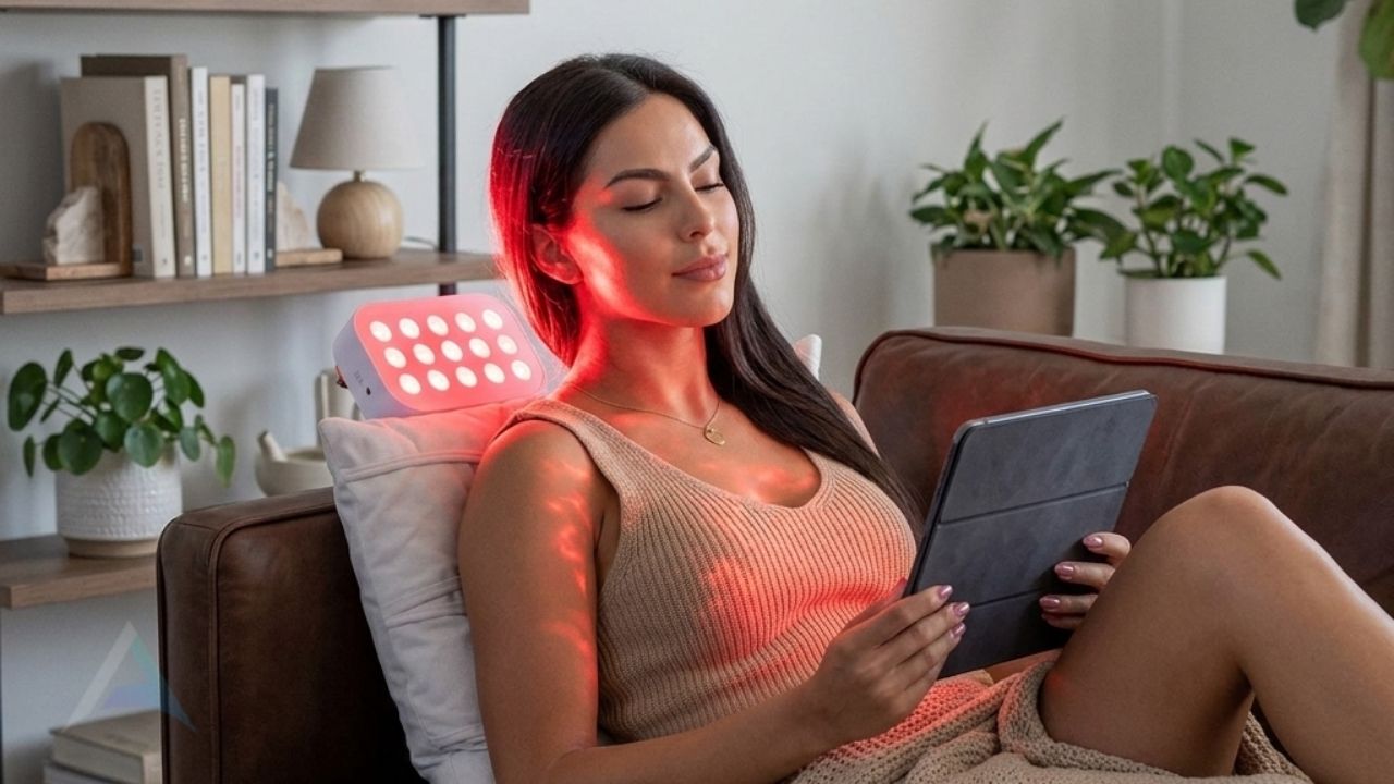 Red light therapy device emitting near-infrared light for cellular healing, pain relief, and nervous system support