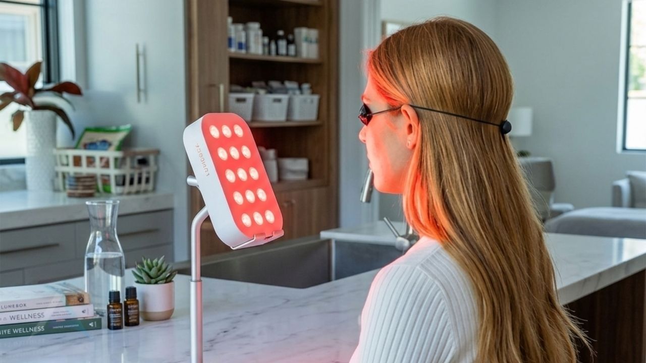 Person receiving red light therapy treatment for pain relief, inflammation reduction, and cellular healing in a wellness setting