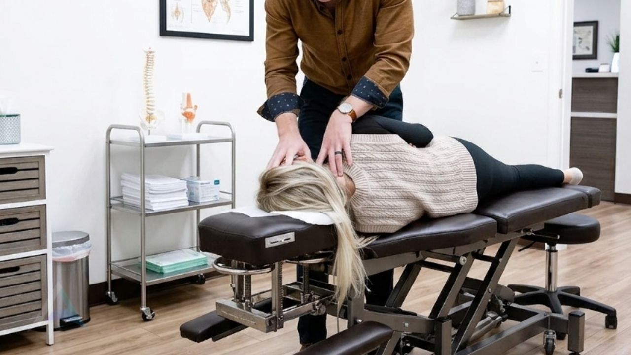 Side view of forward head posture from tech neck while working at a desk showing strain on the upper cervical spine