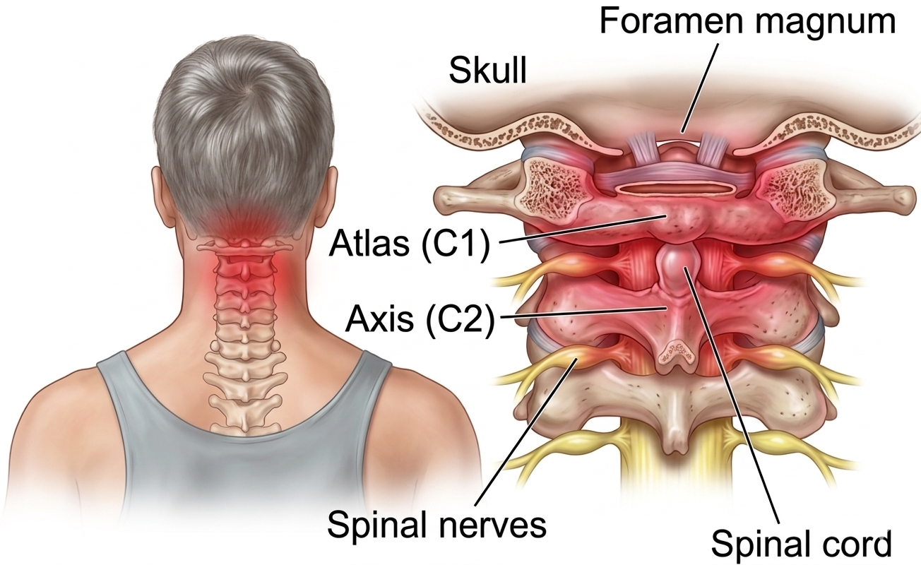 Side view illustration of the upper cervical spine showing the atlas C1 and axis C2 vertebrae as the foundation of spinal and nervous system health
