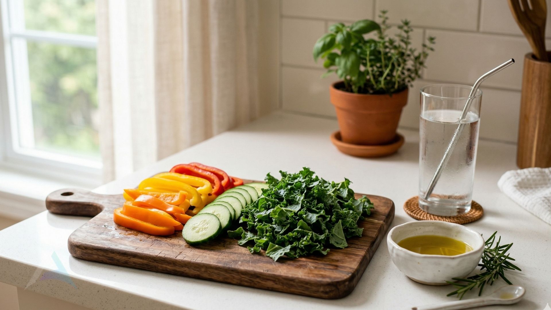 Fresh vegetables, olive oil, and herbs on a kitchen counter representing practical anti-inflammatory meal preparation for nervous system health