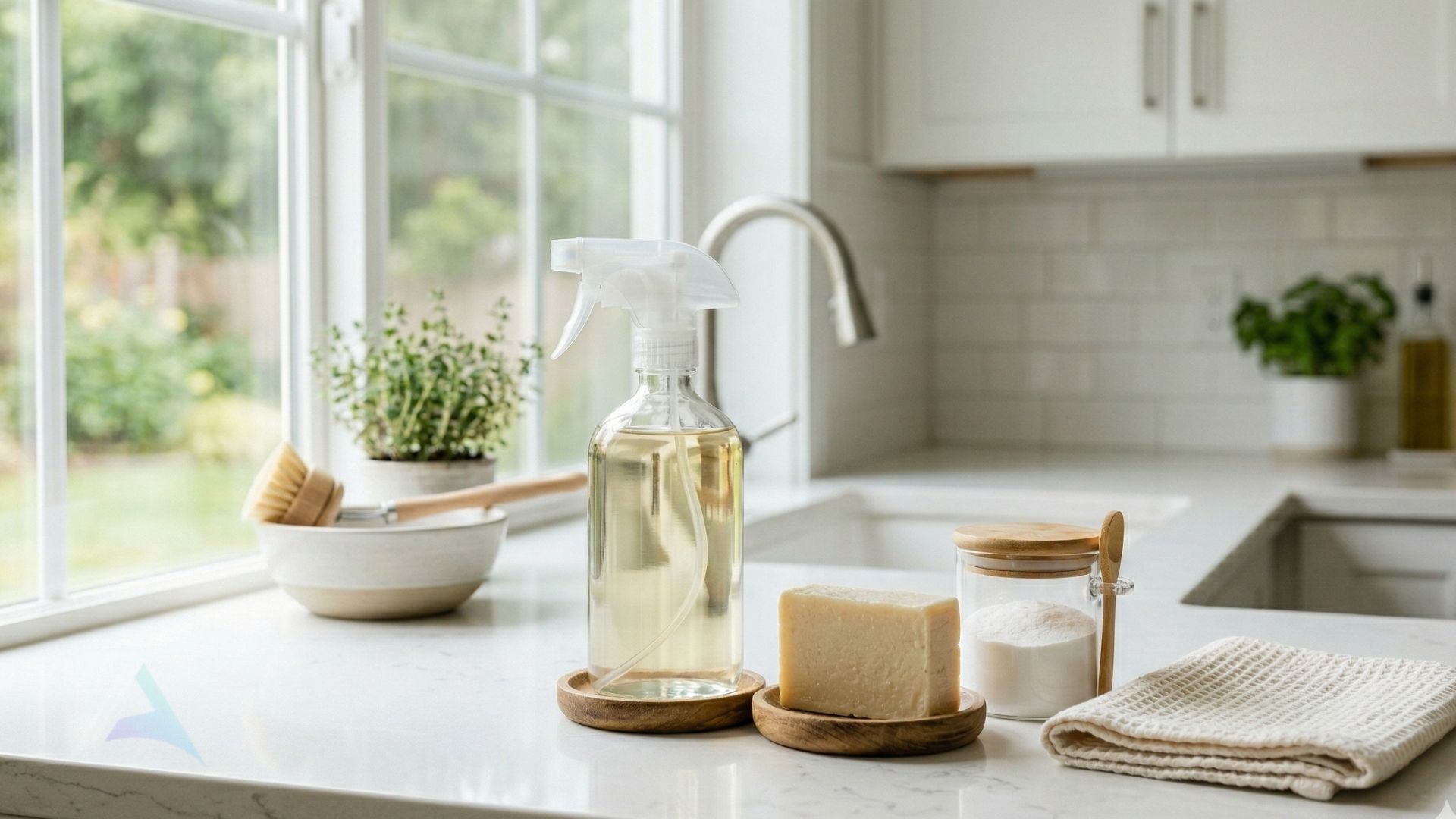 Natural cleaning products including glass spray bottle, castile soap, and baking soda representing non-toxic household choices that support nervous system healing