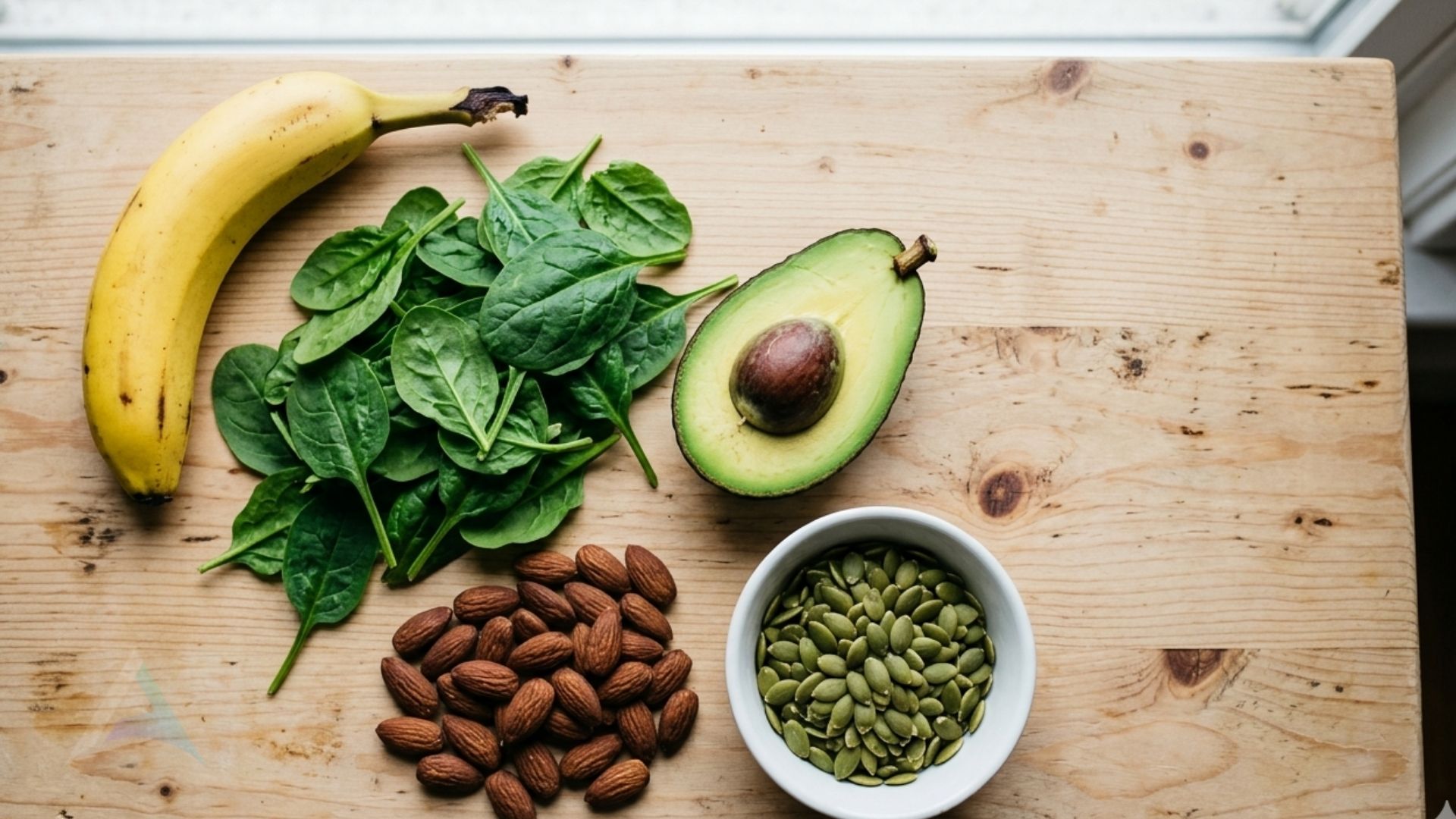 Mineral-rich foods including banana, almonds, spinach