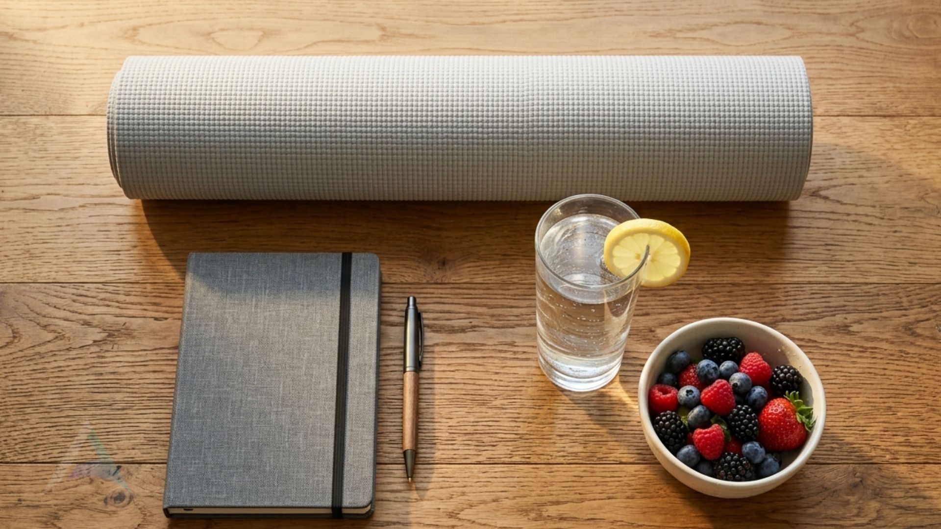 Morning wellness routine with yoga mat, water, journal, and fresh fruit representing how upper cervical chiropractic care integrates into a holistic healing lifestyle
