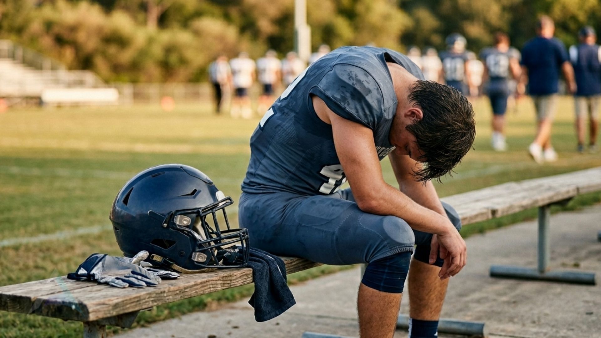 Young athlete sitting on sideline bench with helmet beside them representing the need for upper cervical evaluation after sports concussion