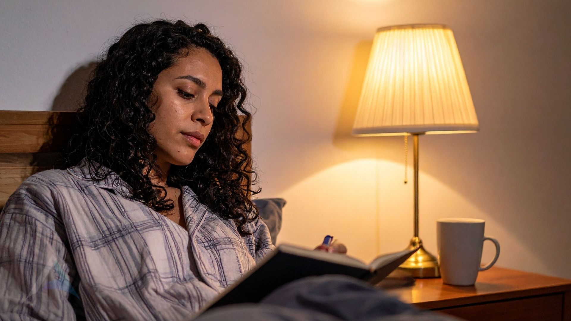Calm nighttime bedside setup with water, journal, and plant — no screens — representing healthy pre-sleep habits that support nervous system rest and upper cervical health