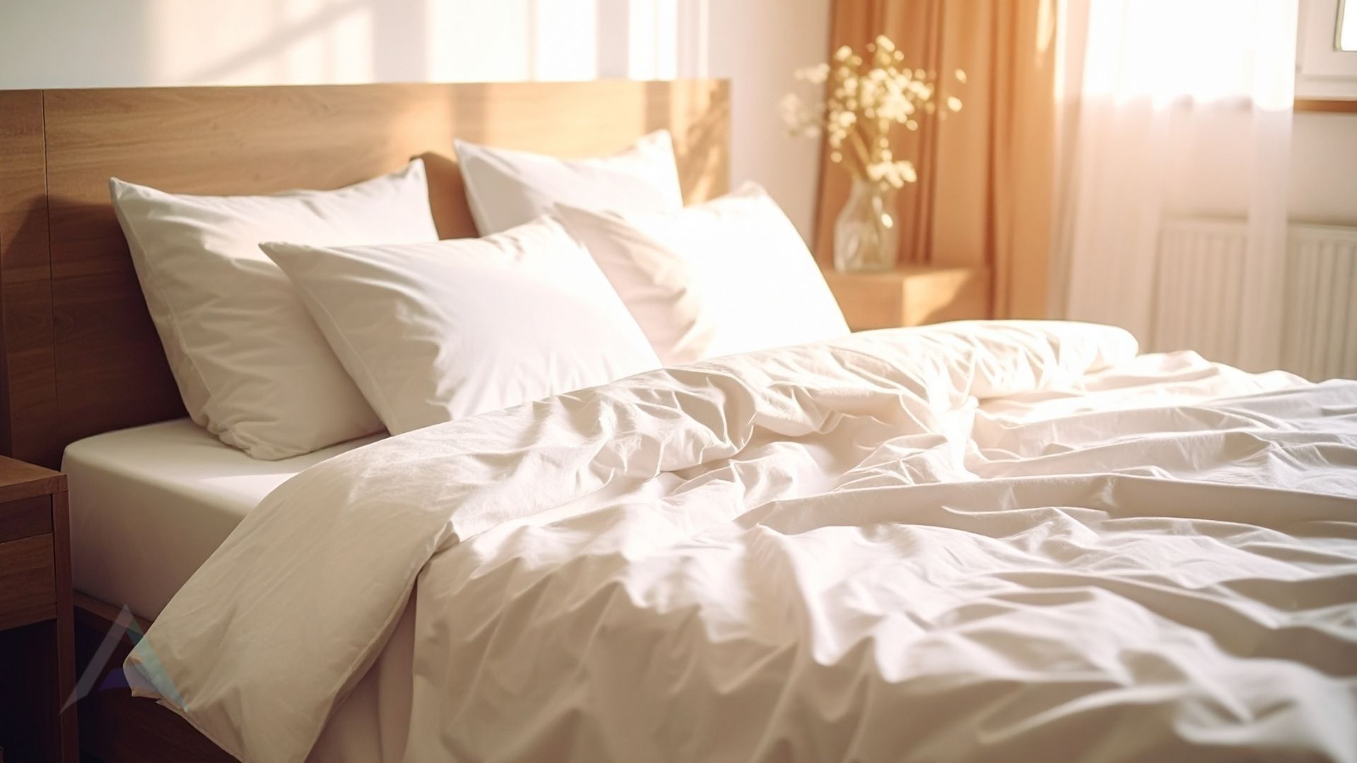 Neatly made bed with cervical support pillow in warm morning light representing the restorative sleep that upper cervical alignment makes possible