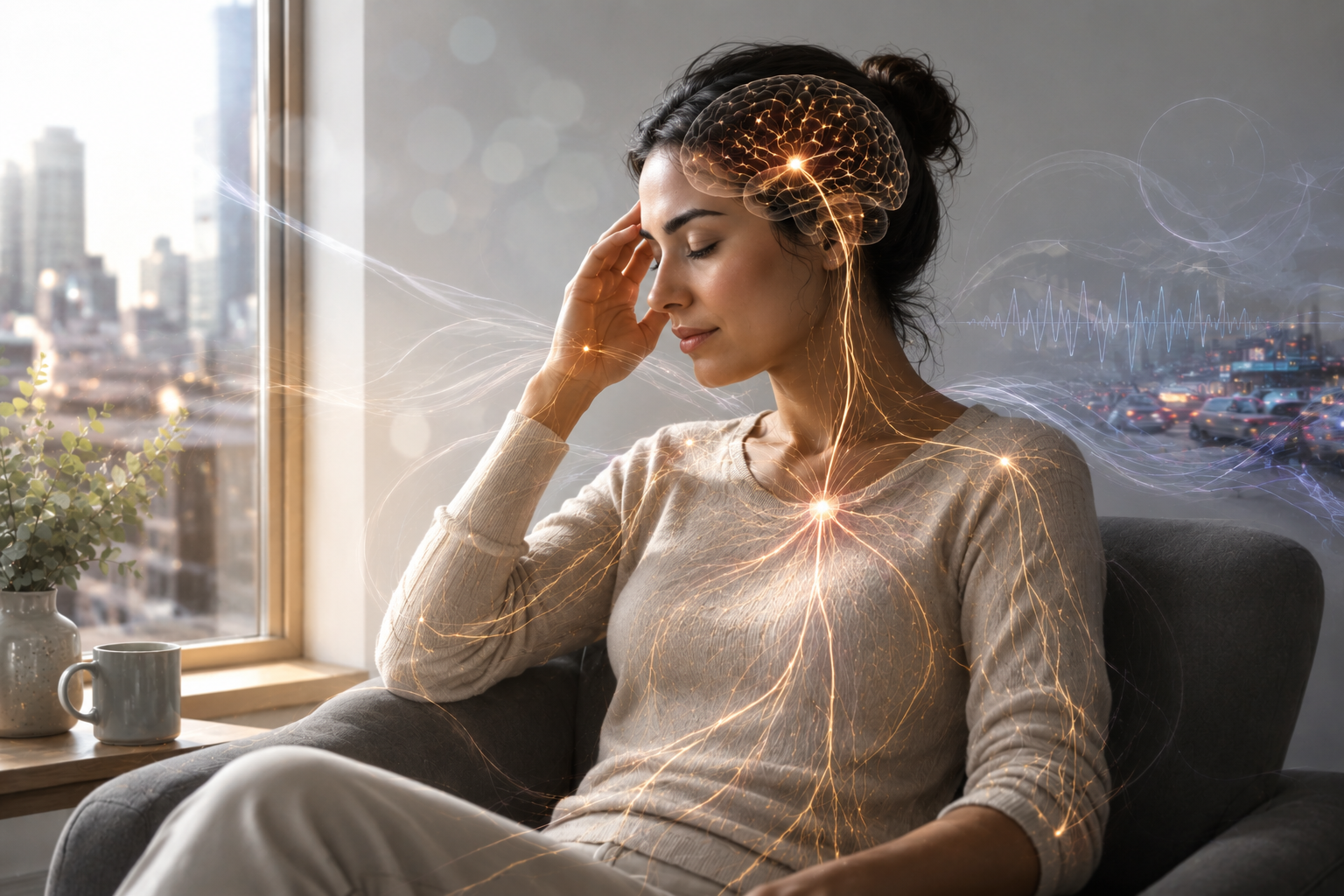 Woman experiencing migraine symptoms with an illustration of an overactive nervous system and brain signaling.