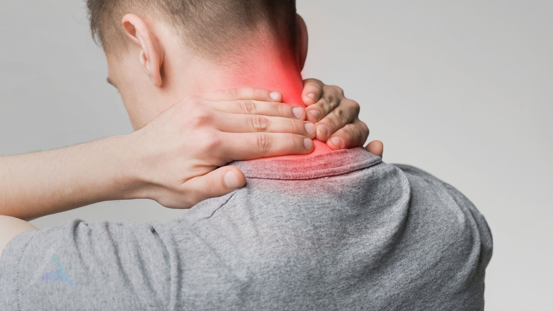 Illustration of military neck symptoms — headache at the base of the skull, neck stiffness, forward head posture, and tingling into the arm.
