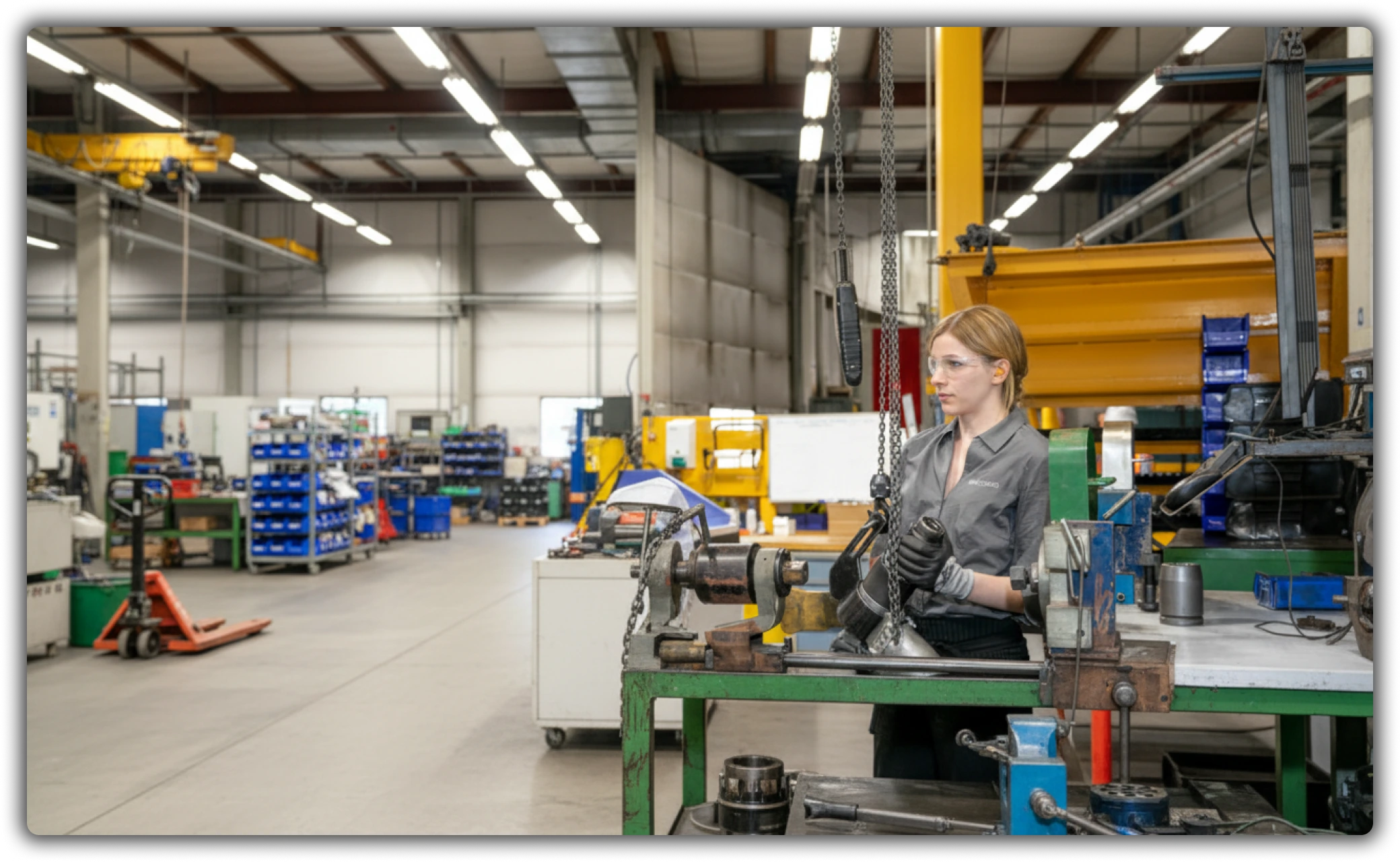Employée dans l’usine Infasco manipulant une pièce métallique dans l’atelier de production de fixations industrielles.