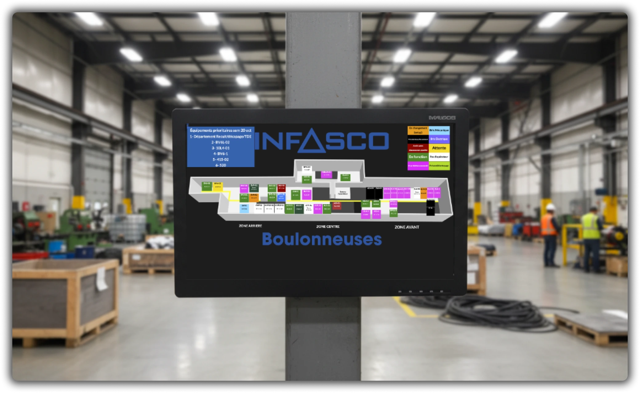 Écran d’usine Infasco affichant la cartographie des boulonneuses et le suivi en temps réel de la performance grâce à la solution TRG.