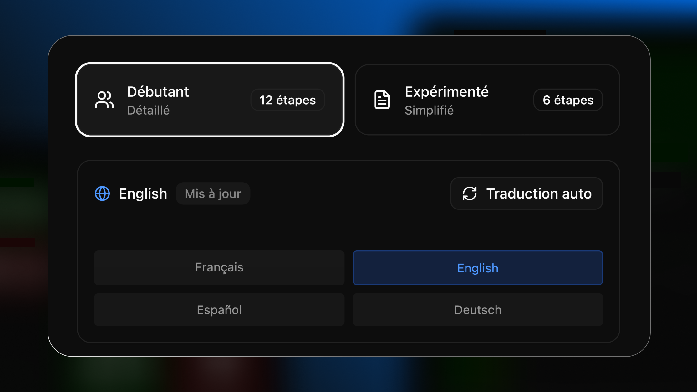 Interface CLIP permettant de personnaliser les instructions selon le niveau de l’utilisateur : mode « Débutant » détaillé en 12 étapes ou mode « Expérimenté » simplifié en 6 étapes, avec option de traduction automatique multilingue.