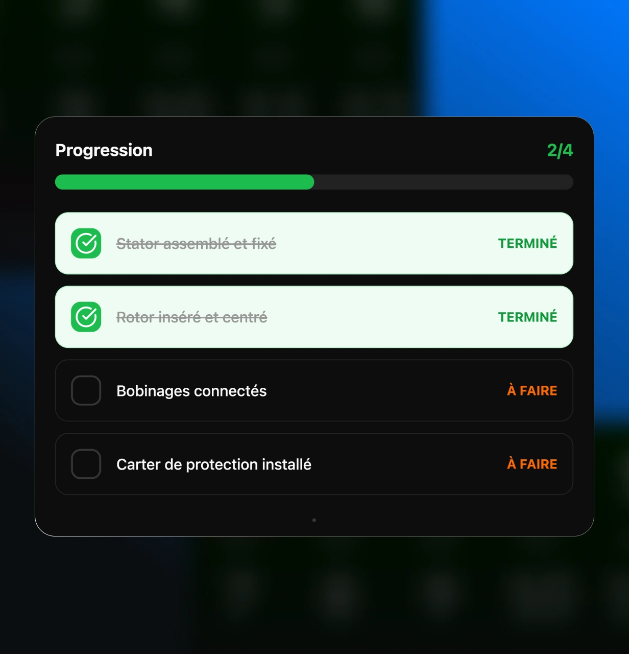 Interface de suivi CLIP affichant l’avancement d’un assemblage moteur : stator fixé et rotor centré marqués comme « terminés », tandis que le raccordement des enroulements et l’installation du carter de protection restent « à faire ».