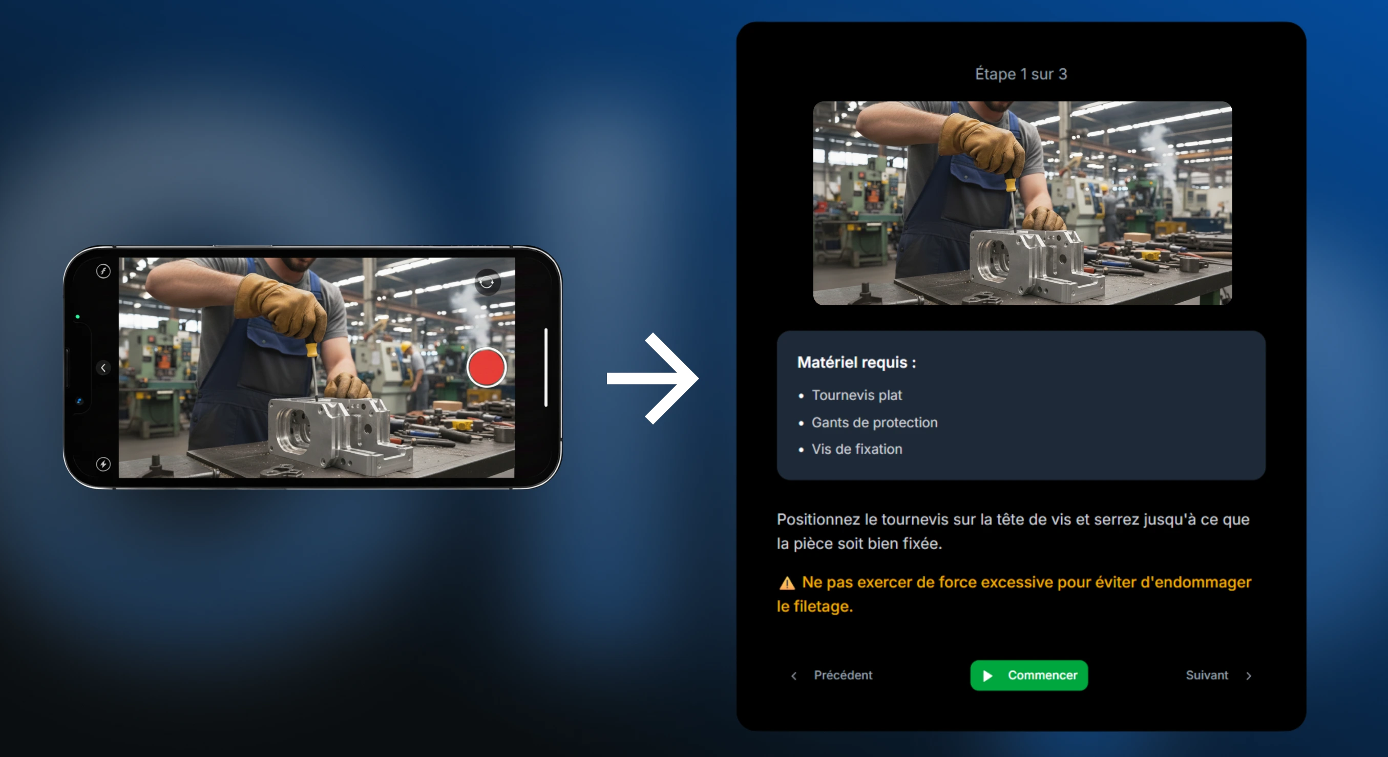 Interface de l’application CLIP montrant une instruction numérique sur tablette : « Vérifiez que tous les outils sont disponibles », avec un travailleur en bleu de travail photographiant un ensemble de clés et d’outils sur un établi.