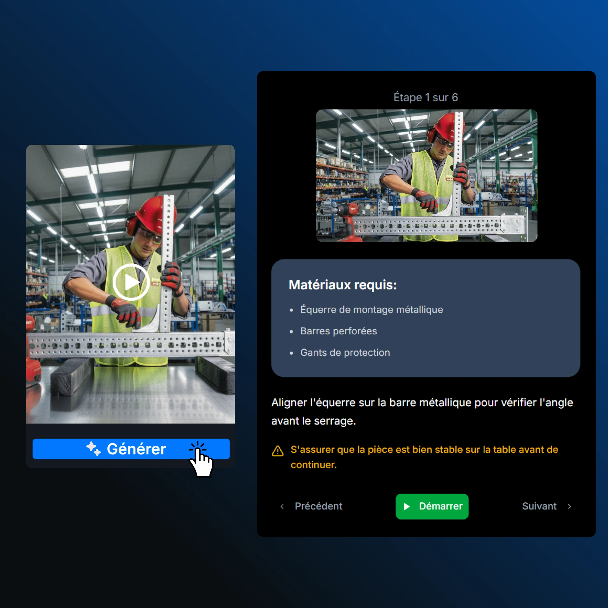 Écran de l’application CLIP montrant le processus de génération d’instructions à partir d’une vidéo importée, avec l’analyse en cours et le traitement en arrière-plan dans un environnement manufacturier.