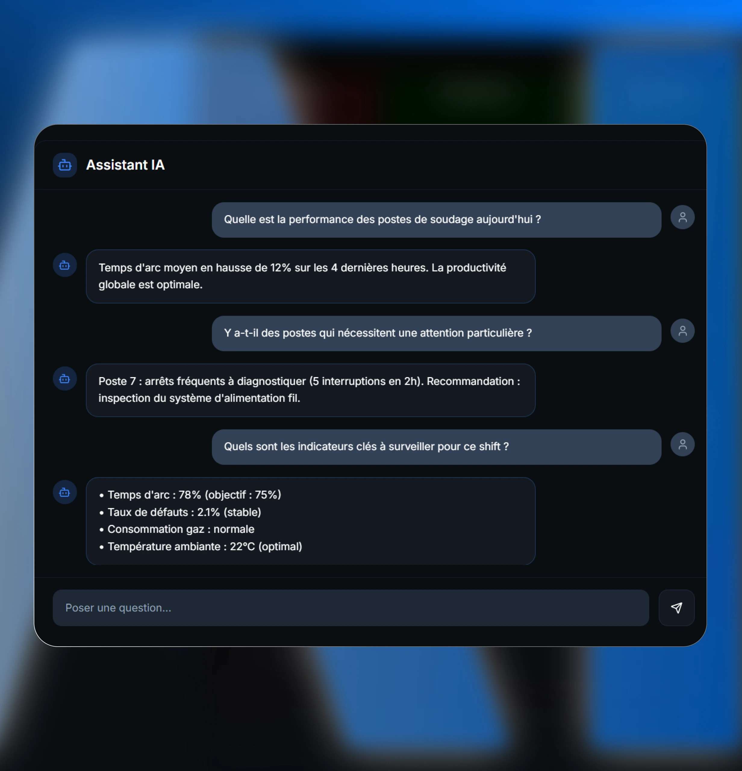 Interface de l’Assistant IA d’Intelligence Industrielle montrant une conversation sur la performance des postes de soudage (temps d’arc, arrêts, défauts, gaz, température) en temps réel.