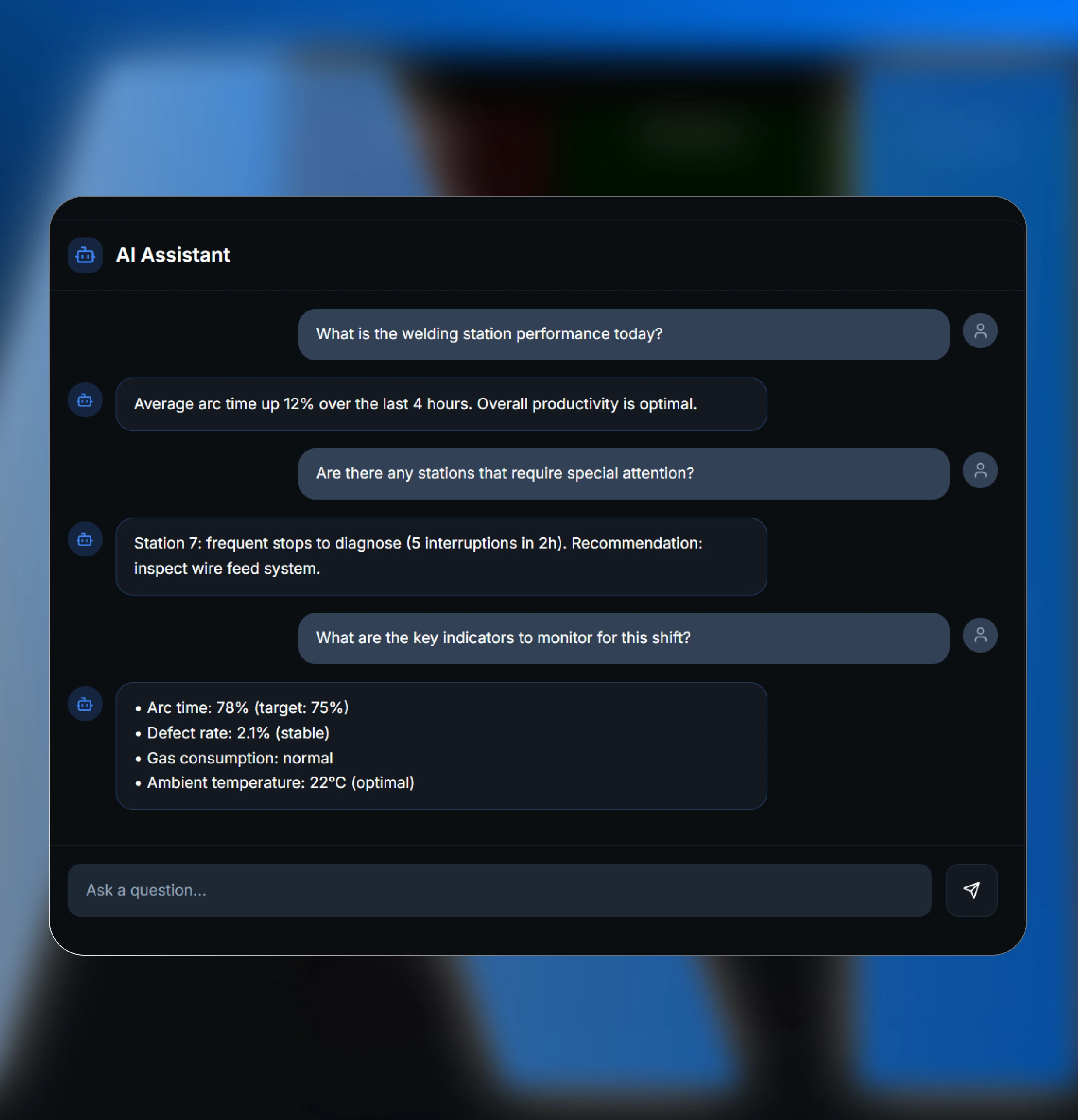 Intelligence Industrielle AI Assistant interface showing a chat on welding station performance (arc time, stoppages, defect rate, gas use, temperature) in real time.