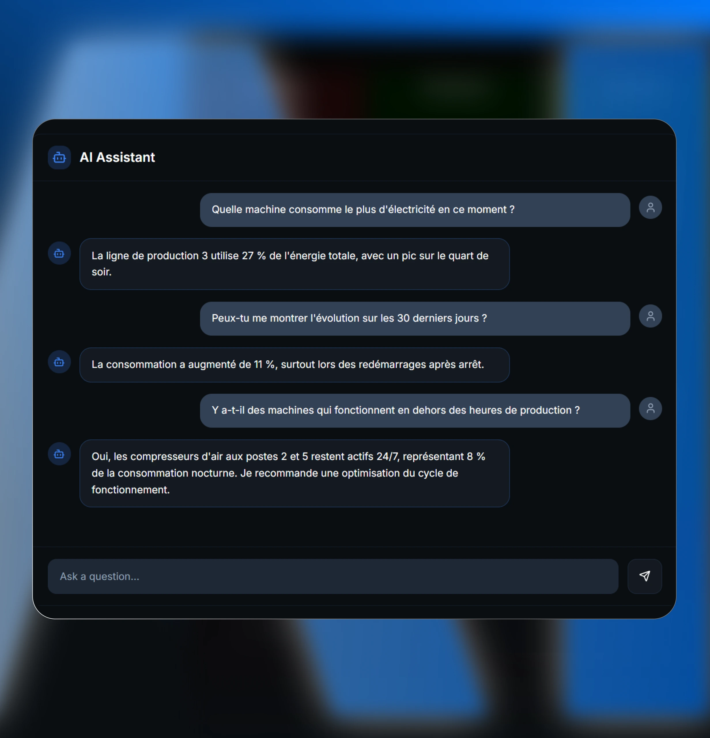 Interface de l’Assistant IA affichant une conversation sur la consommation électrique des machines et les optimisations 24/7.