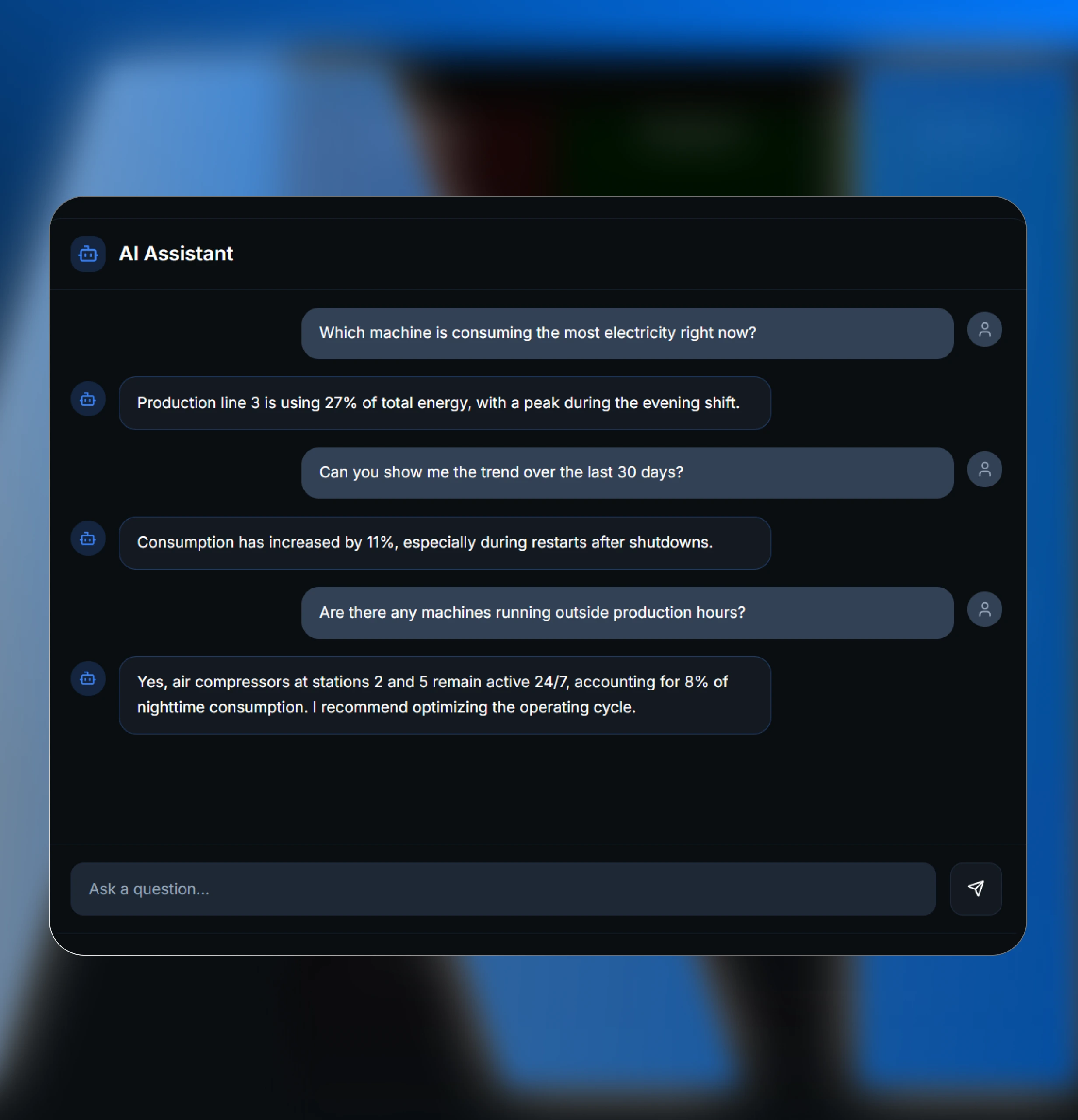 AI Assistant interface showing a chat about machine power consumption and 24/7 optimization opportunities.